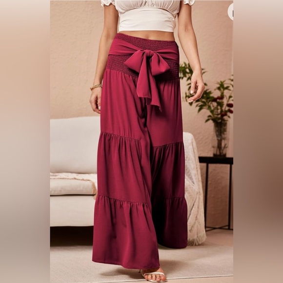 Women's Shirred Elastic Waist Tie Front Ruffle Hem Wide Leg Pants - Picture 4 of 10